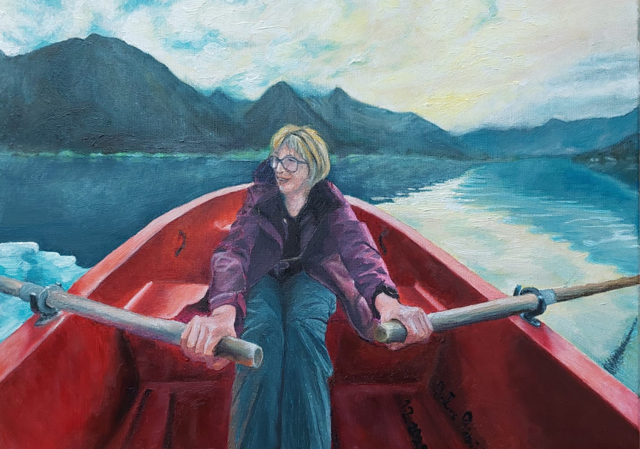 Partie de barque à Hjelle - Huile sur toile format F8 = 46x38 cm